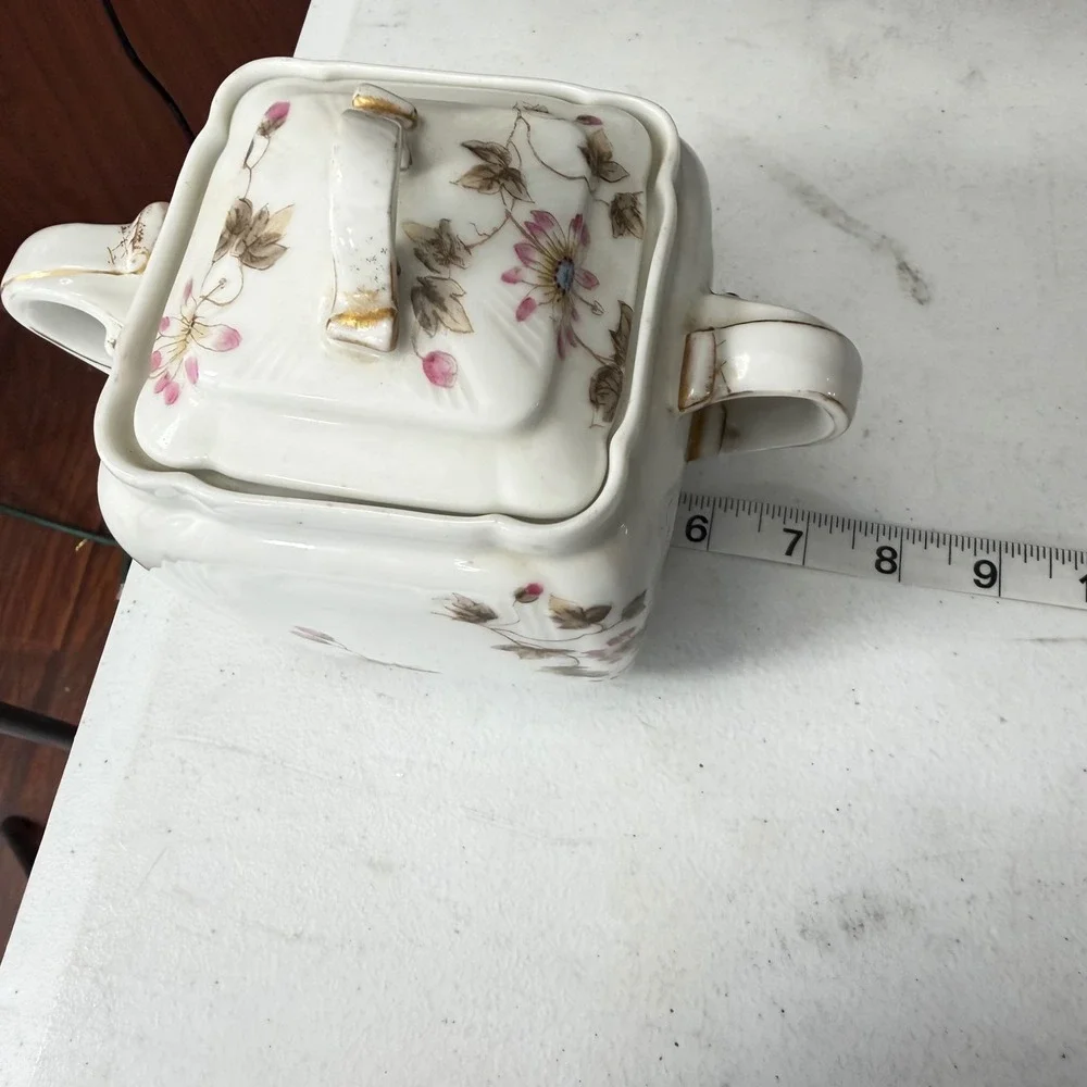 Antique CFH GDM Limoges France Covered Sugar‎ Bowl Lidded Jar Floral Gold 1880s